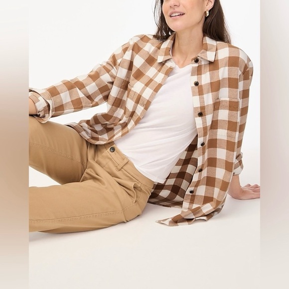 J. Crew Tops - J. Crew Flannel Shirt Jacket Ivory Tan Plaid Buffalo Check XXL